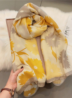 耐看黄色显肤轻薄款春秋季围巾女保暖百搭两用外搭披肩旅游丝巾