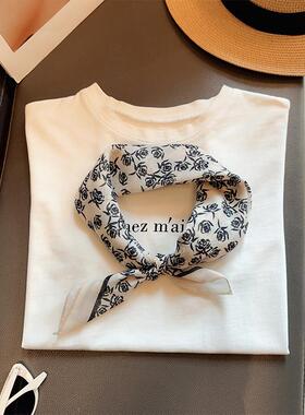 复古黑色玫瑰棉麻丝巾小方巾女新款春秋季叠穿流行领巾纱巾围巾薄