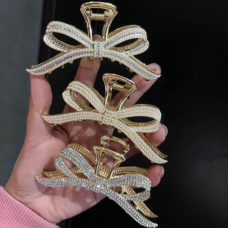 韩国蝴蝶结网红同款珍珠抓夹合金
