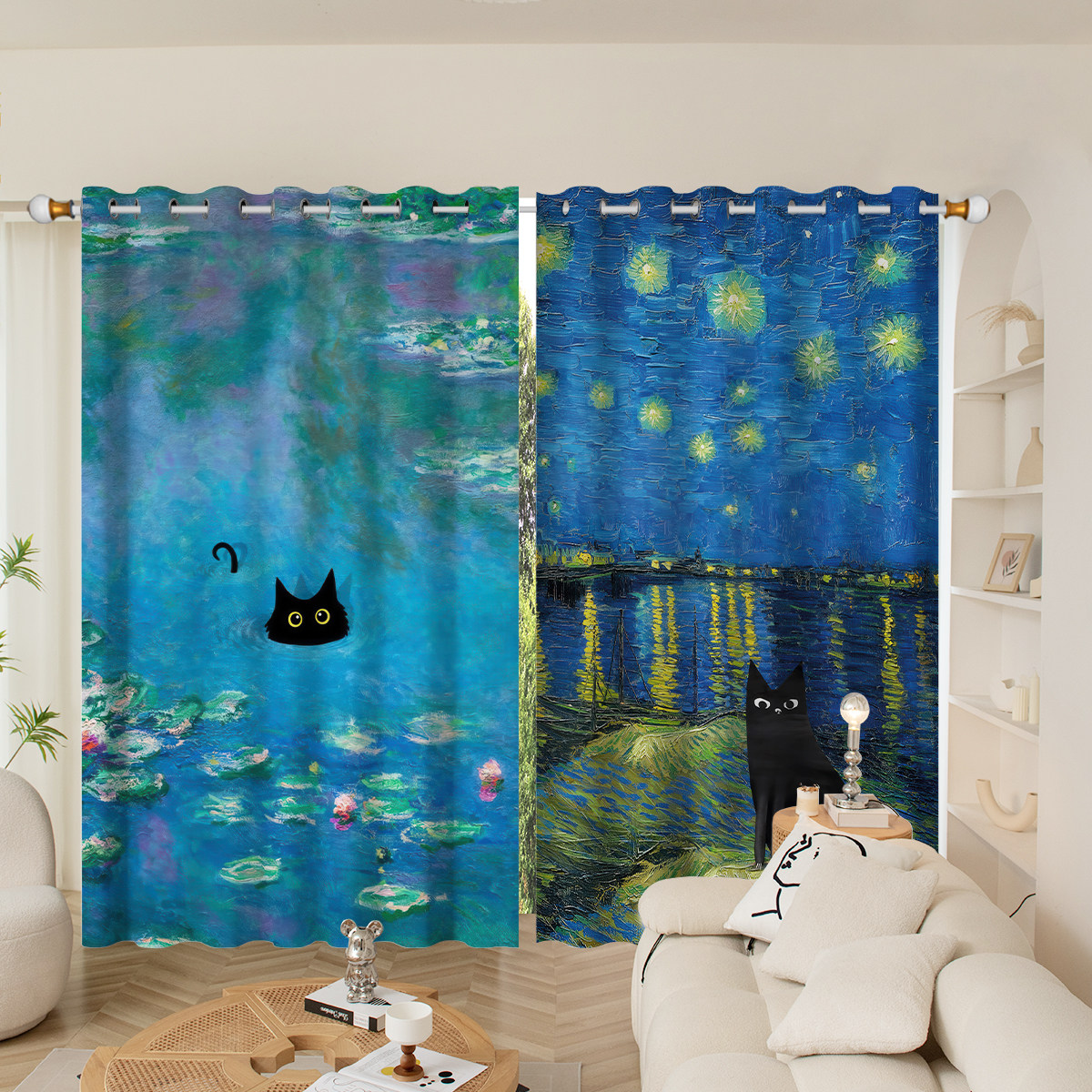 油画黑猫雪尼尔卧室防晒客厅隔热挂钩寝室高遮光打孔定制窗帘布,居家布艺,定制窗帘,淘宝优惠券,粉丝福利购,淘宝优惠卷