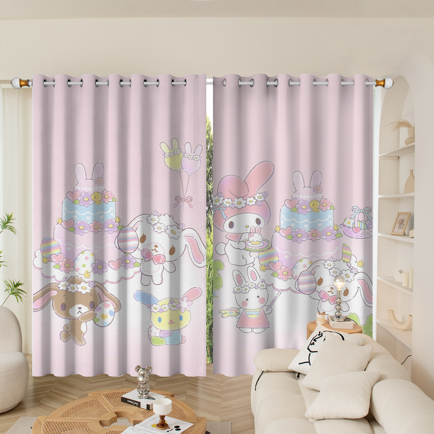 甜点兔儿童公主卡通雪尼尔卧室客厅防晒挂钩寝室遮光打孔定制窗帘