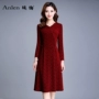 Váy xuân hè 2018 của phụ nữ mới khí chất cổ chữ V eo hoa hồng in hoa dài tay một chiếc váy - A-Line Váy mẫu váy suông chữ a