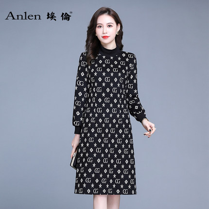 连衣裙女长袖2022春夏新款时尚修身流行气质女装立领中长款打底裙