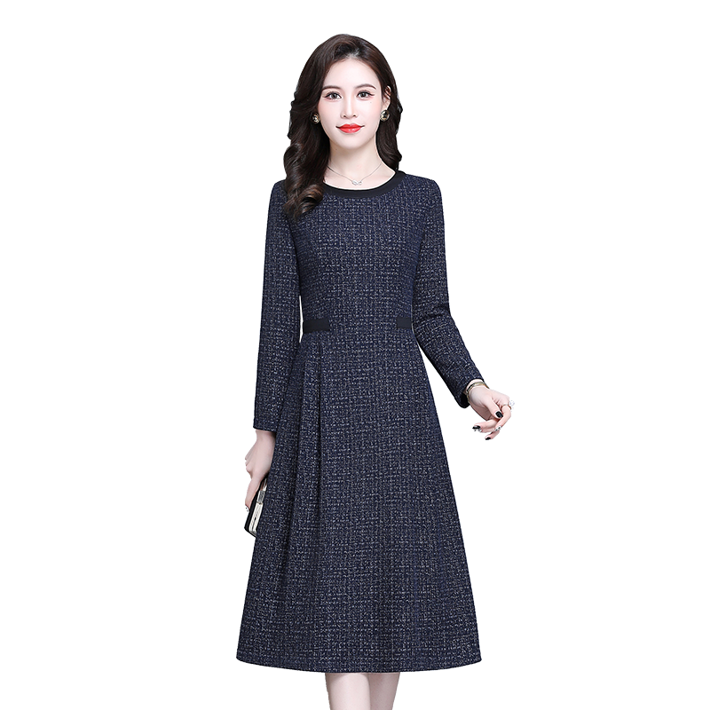 埃伦气质中长款连衣裙2025夏新款圆领法式名媛妈妈气质显瘦打底裙