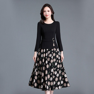 埃伦中年女士假两件拼接印花连衣裙简约大气时尚减龄2023春季新款