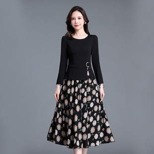 埃伦中年女士假两件拼接印花连衣裙简约大气时尚减龄2023春季新款