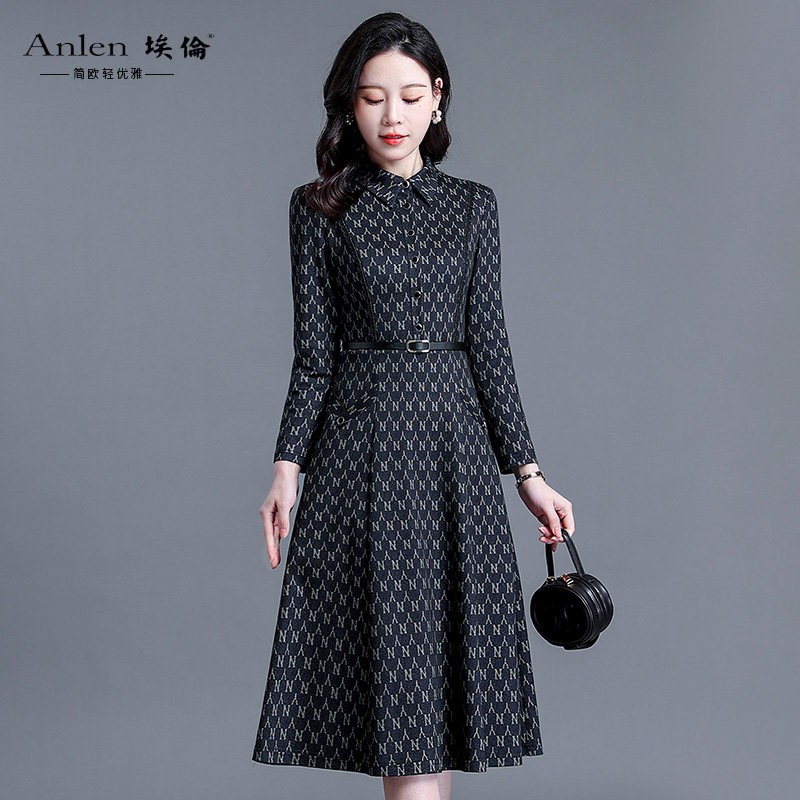 埃伦中年长袖衬衫领连衣裙气质女士收腰通勤妈妈装2025新款减龄裙