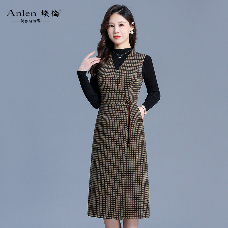 埃伦毛织格子秋季背心连衣裙女2025背带裙时尚气质打底两件套长裙