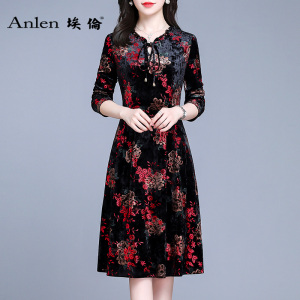 埃伦连衣裙女早春季中长款2021新款复古妈妈装收腰显瘦长袖打底裙