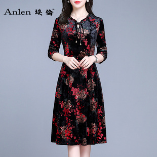 收腰显瘦长袖 埃伦连衣裙女早春季 复古妈妈装 2021新款 打底裙 中长款