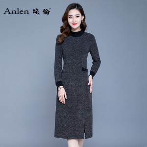埃伦A字裙黑色半高领收腰连衣裙2024秋季针织中长款减龄气质长裙