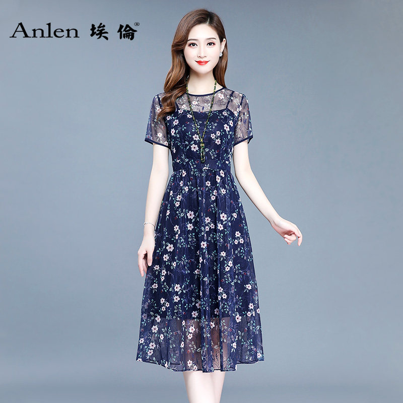 埃伦绣花连衣裙假两件女装2021新款夏季气质妈妈装收腰短袖A字裙