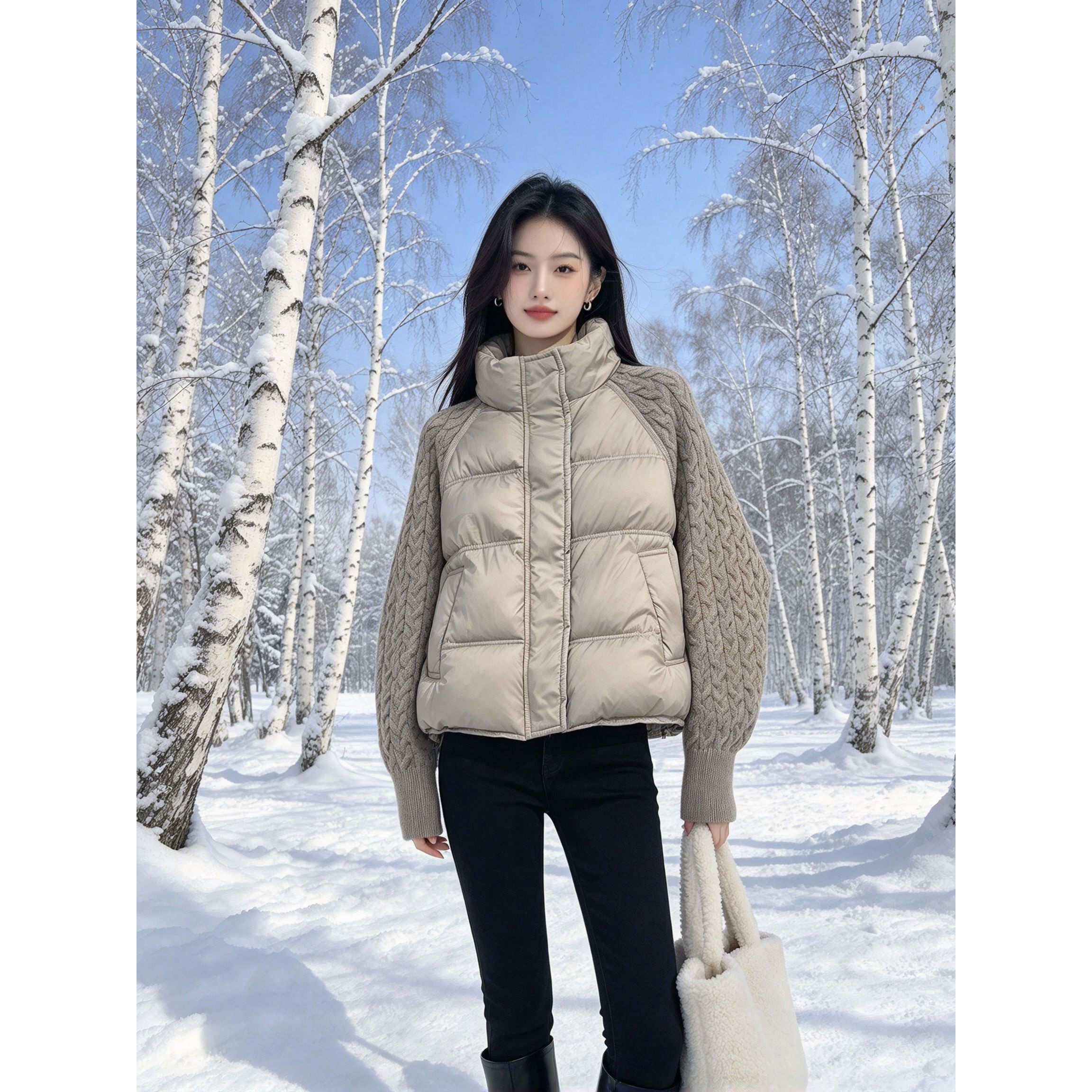 拼接假两件棉服女小个子立领短款麻花绞花针织袖宽松休闲棉衣外套