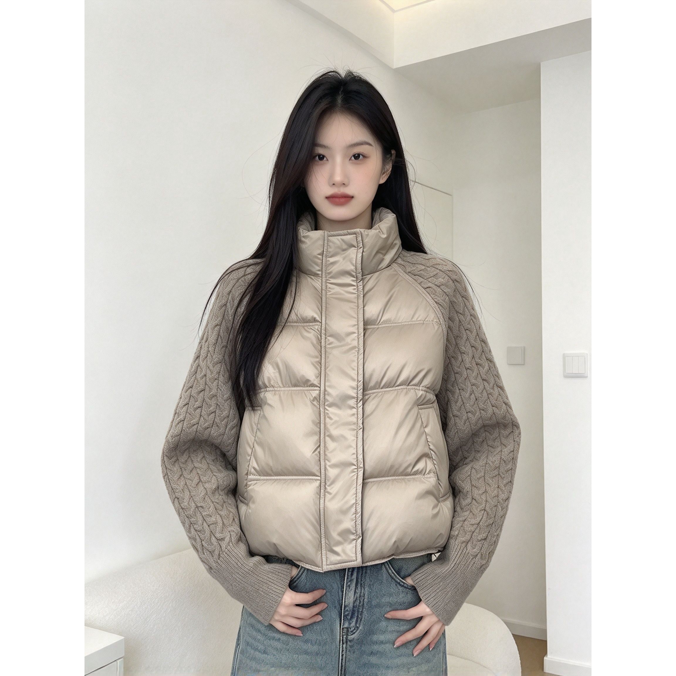 韩版短款立领棉服女麻花针织袖拼接休闲假两件小个子秋冬保暖棉衣