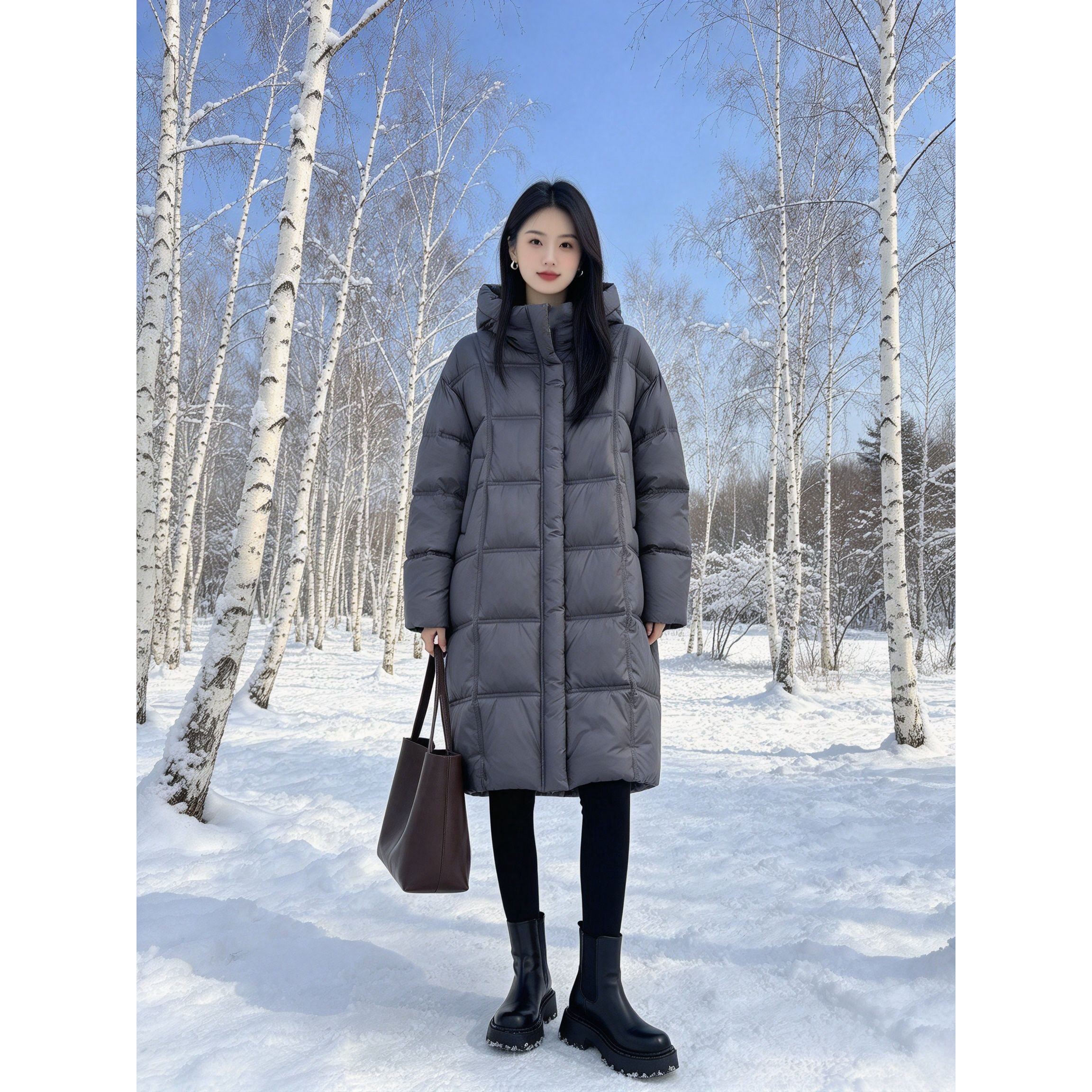 小个子遮肉棉服大衣长款连帽方格绗缝宽松休闲百搭保暖冬款棉衣