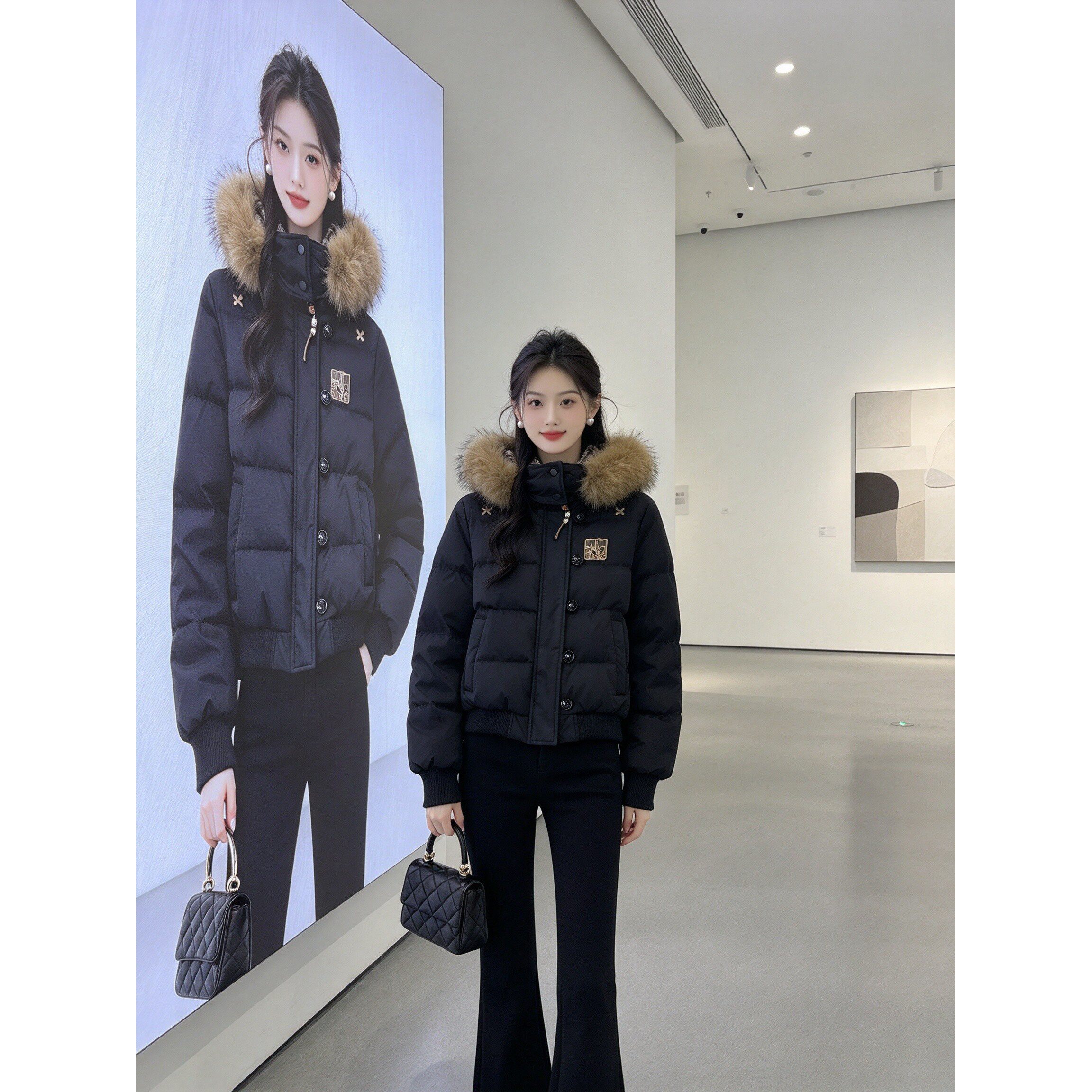 秋冬上新纯色短款棉服女大毛领连帽国风小个子百搭防寒外套