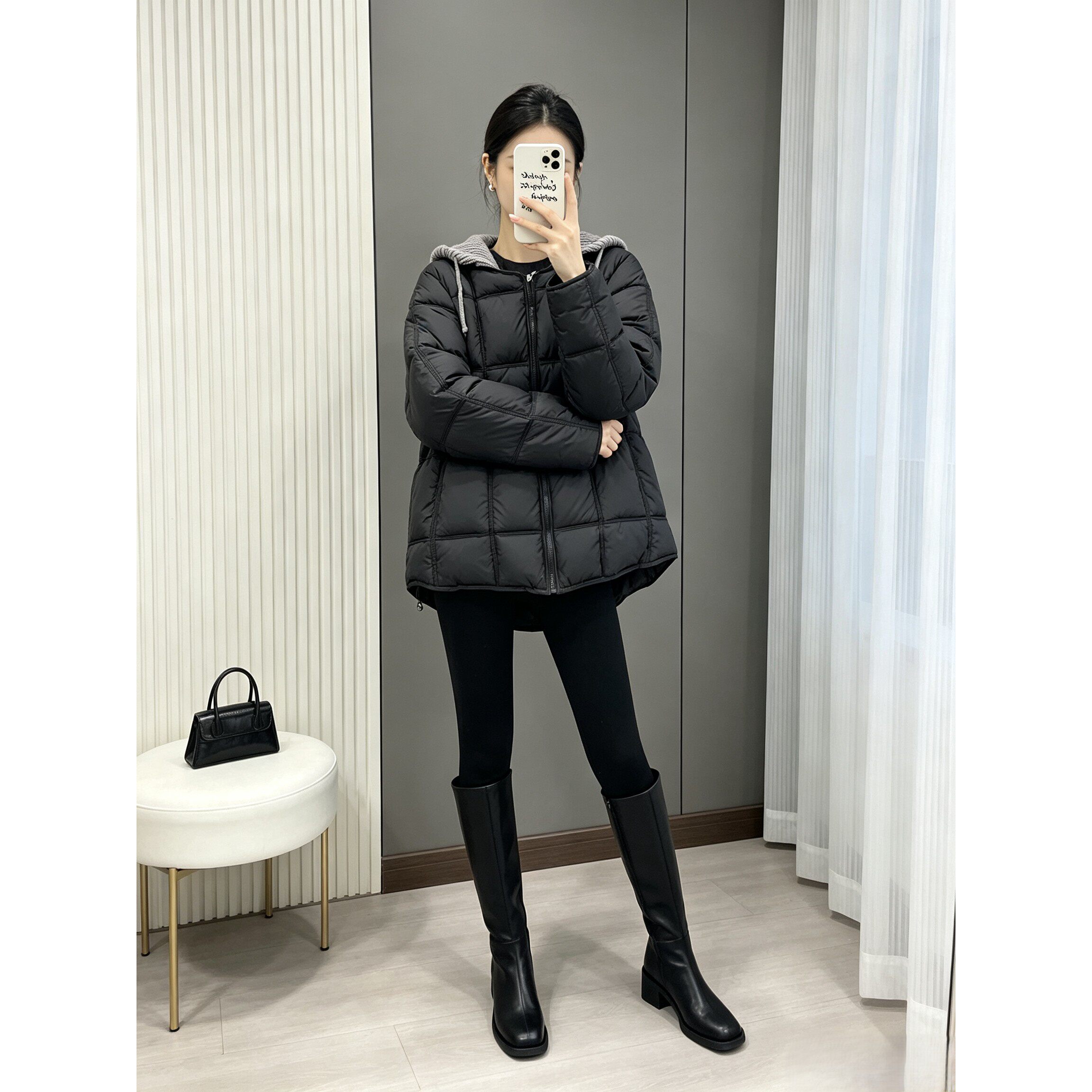 针织连帽假两件棉服女 2026 冬季新款方格绗缝宽松显瘦小个子保暖