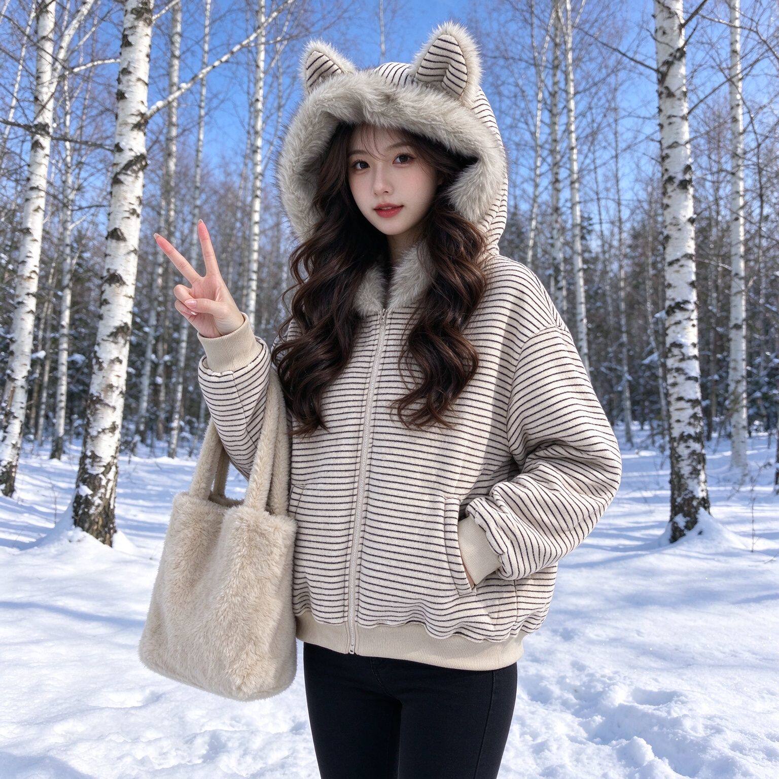 韩版猫耳朵设计感棉服女条纹毛领连帽宽松休闲百搭小个子冬外套