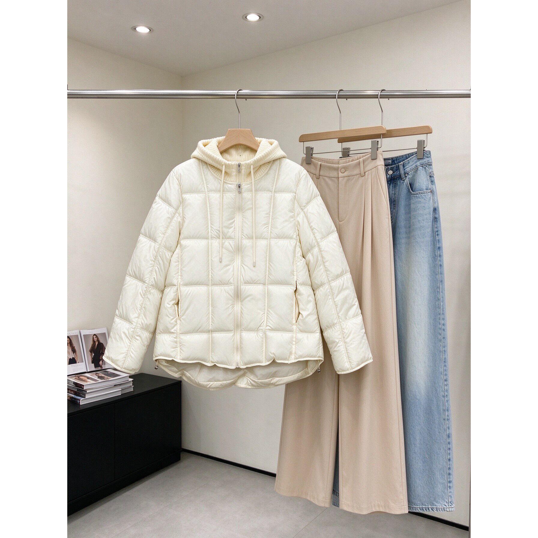 基础款假两件棉服女短款方格针织连帽防风轻便过冬棉衣