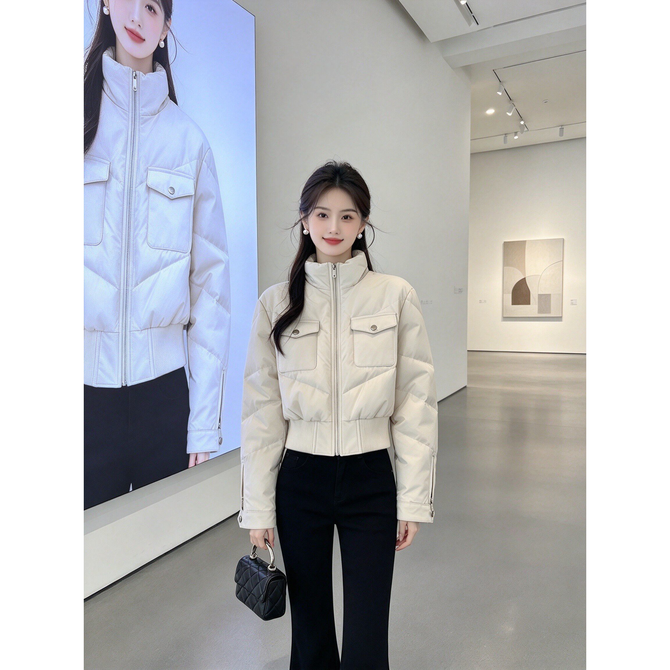 简约立领工装棉服女小个子短款高腰宽松遮肉冬季多口袋保暖外套