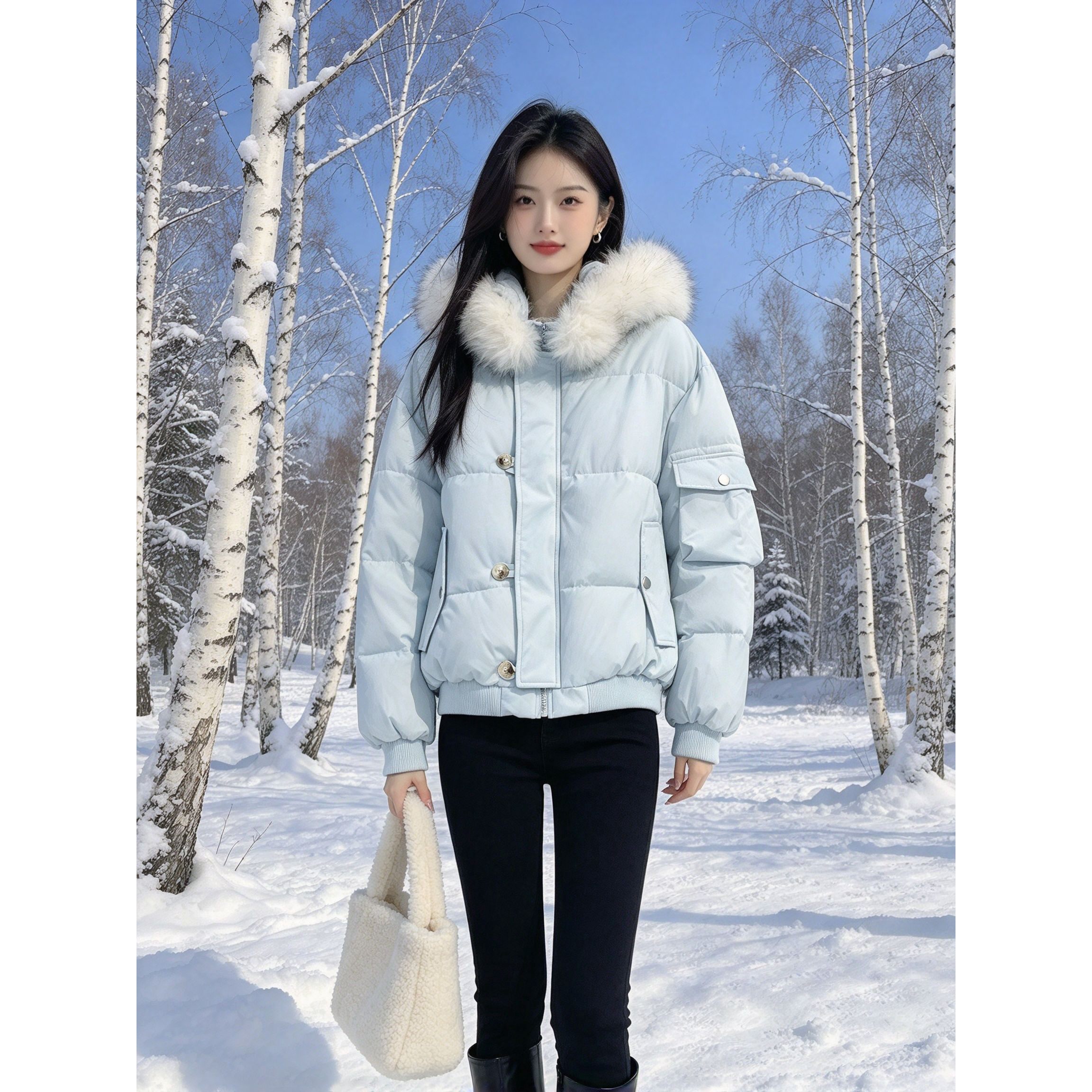 宽松短款大毛领面包服女连帽小个子秋冬休闲百搭显瘦保暖棉衣外套