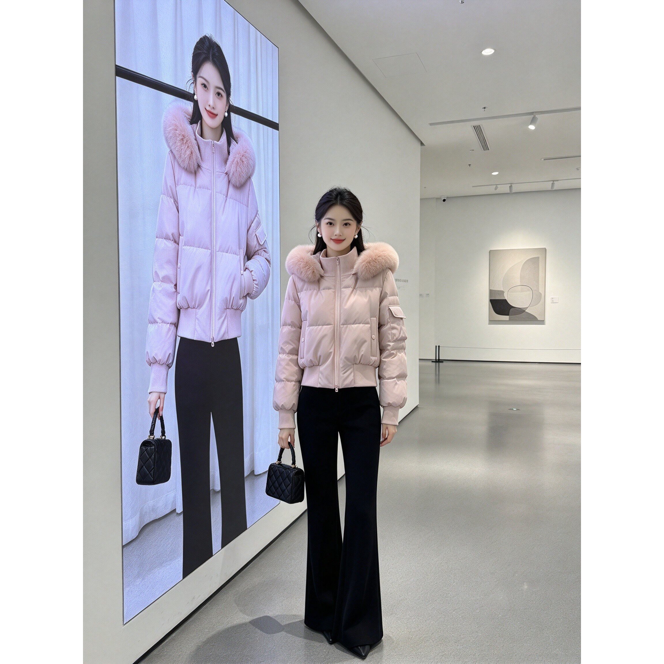 气质大毛领棉服女短款高腰收腰袖口罗纹设计秋冬女士保暖面包棉衣