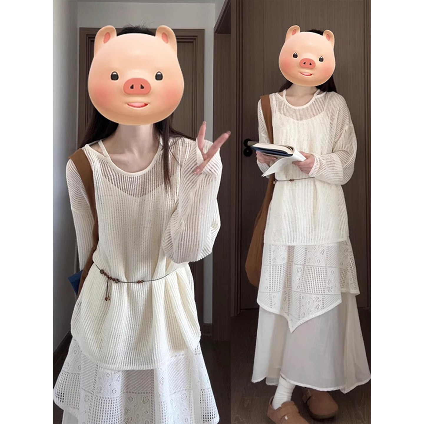 胖mm松弛感慵懒风针织罩衫穿搭一整套吊带连衣裙子女春夏2026新款