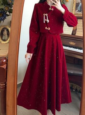 大码秋冬高级感新中式国风旗袍改良红色敬酒服内搭礼服丝绒连衣裙