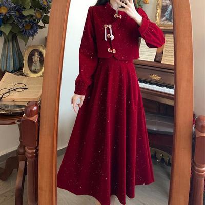 大码秋冬高级感新中式国风旗袍改良红色敬酒服内搭礼服丝绒连衣裙