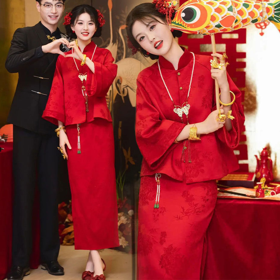 200斤大码敬酒服新娘新中式改良旗袍套装订婚礼服裙高级感回门宴 - 90后皇大码服装出品