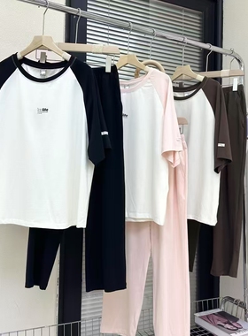 佰伦世家睡衣女士夏季新品2024中袖长裤针织棉家居服套装22538