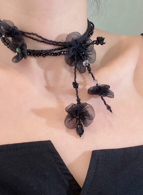 黑色仙气花朵多层水晶项链女个性锁骨链小众颈链轻奢纱材质