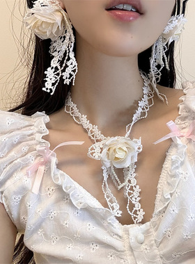 布料麻花链女性白色水晶花朵项链