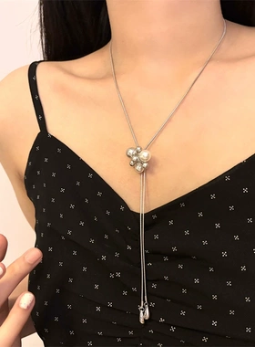 气质女白色珍珠立体花朵流苏长项链choker抽拉调节
