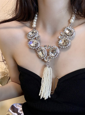 合金圆珠链女性多层流苏珍珠项链