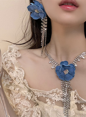 合金锁骨链女性闪钻牛仔花朵项链
