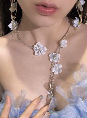 小众设计感蓝色花朵项圈水晶拼接度假风简约流苏项链choker
