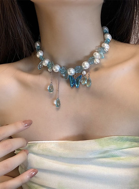 合金圆珠链女性蓝色蝴蝶水滴项链