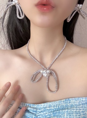 爆款满钻蝴蝶结项链耳夹结婚白纱礼服配饰日常简约百搭耳环