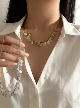 个性冷淡风树叶流苏抽拉项链小众设计感金属吊坠镂空毛衣颈链