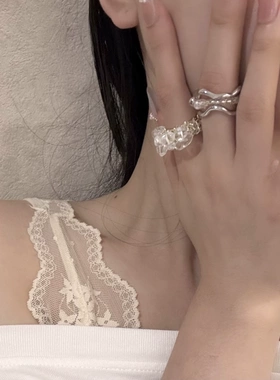 欧美小众设计ins编织弹力绳串珠碎石米珠戒指个性可调节指环复古