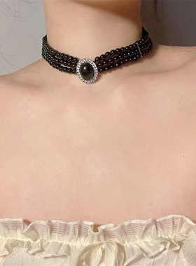 串珠圆珠链女性黑色多层宫廷项链