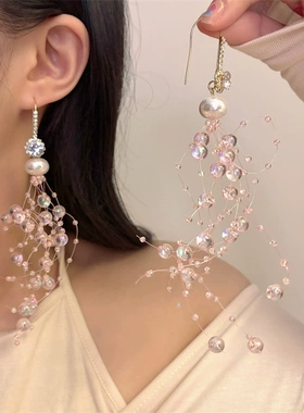 粉色流苏满天星耳钉女小众设计感耳环耳圈耳饰