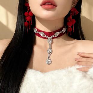 轻奢复古水钻红色丝绒choker项链女款颈链配饰