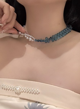 小众设计蓝色水滴串珠颈链银色珠编织麻花拼接项链ins锁骨链女