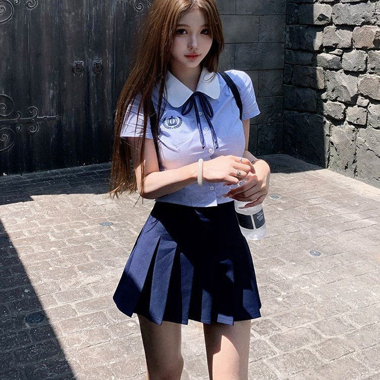 小个子纯欲chic甜辣百褶短裙套装学院风修身jk制服女夏新款蓝衬衫