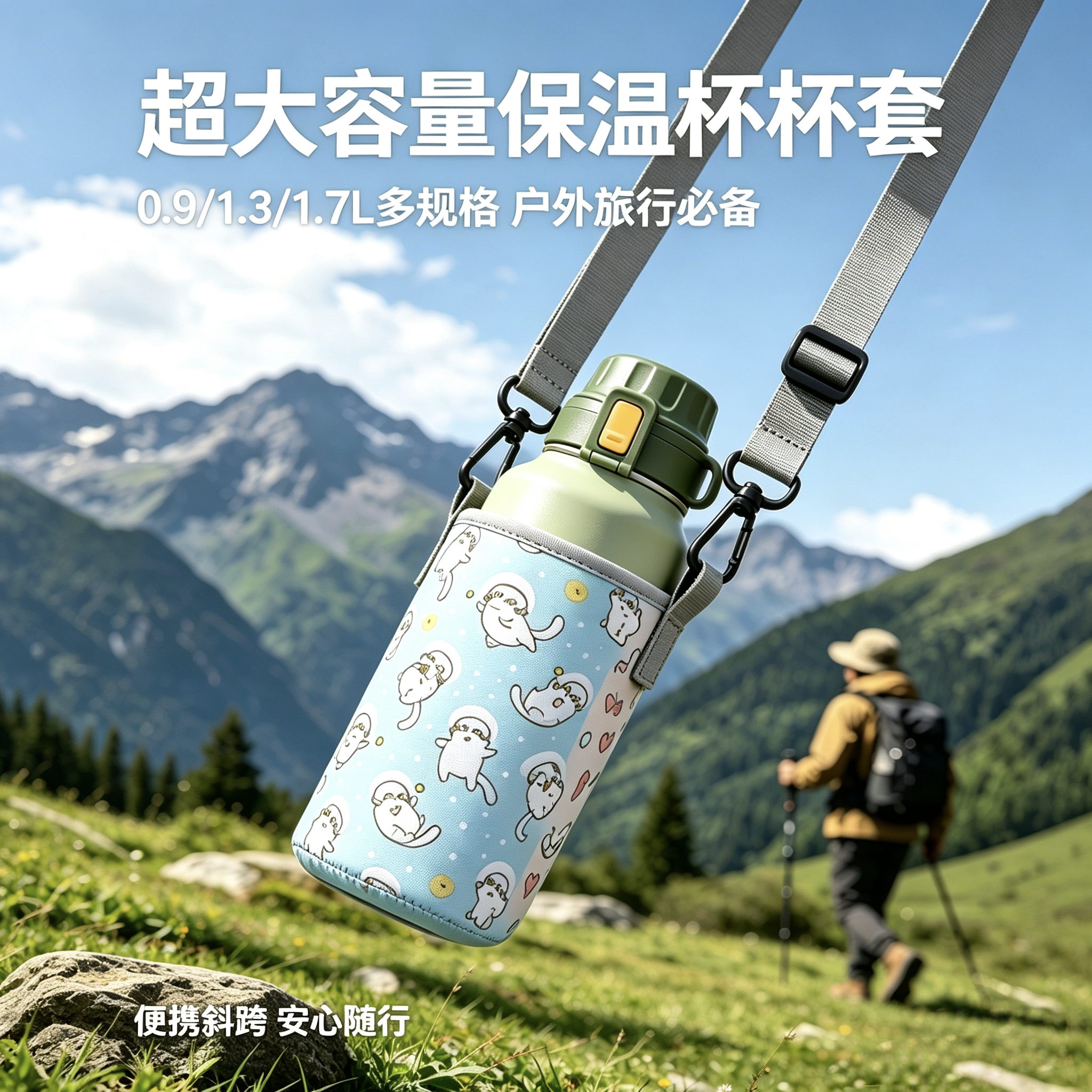 大容量保温杯杯套户外旅行水壶套保护套可斜跨背带杯套1.3/1.7L