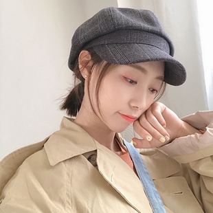 日系春秋甜美软妹格子贝雷帽ins女士英伦复古泫雅风的八角帽子