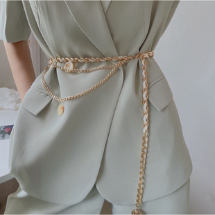 连衣裙衬衫 法式 个性 饰韩版 腰带腰封配饰 金属细链条PU编织腰链女装