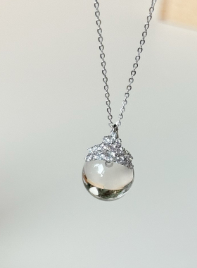 通体s925纯银净体天然白水晶小灯泡皇冠锆石微镶项链锁骨链
